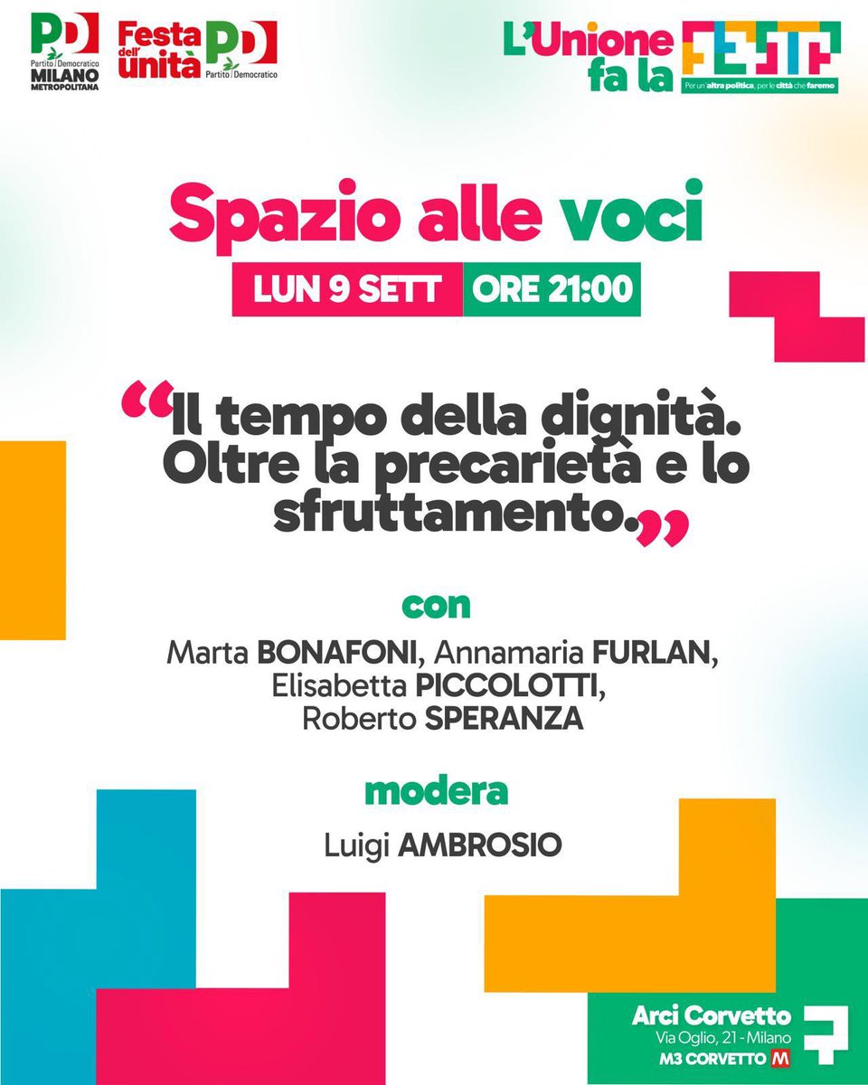 FurlanAnnamaria's tweet photo. Stasera un dibattito importante alla Festa dell'Unità di @PdMilano su lavoro, precariato e sicurezza.
Ne parliamo con @robersperanza , @martabonafoni ed @BettaPiccolotti https://t.co/hi4fv6vTkJ