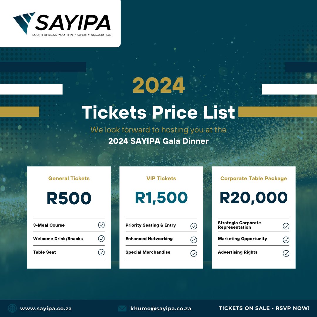 info_sayipa's tweet photo. YOUβRE INVITED π€©βοΈπ₯³
Our 2nd annual SAYIPA Gala Dinner taking place on the 25th of October celebrates the latest Achievements in Real Estate. π‘
Tickets Available On Our Bio. β
#HeritageMonth
#SAYIPA
#YouthInProperty
#RealEstate
#Education
#Property
#SAYIPAGalaDInner2024 https://t.co/LiZlOjjPd7
