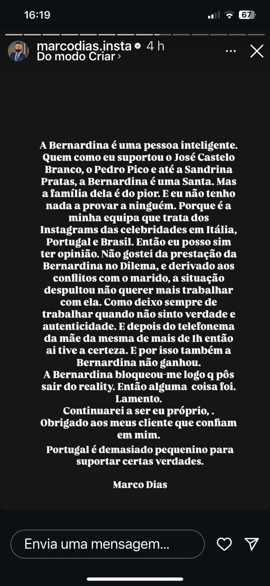 MiguelMartinho7's tweet photo. Instagram Story do agente da Bernardina, Marco Dias a expor dessa forma à suposta traição da Bibi. #DilemaTVI https://t.co/ClmwaoCcHo