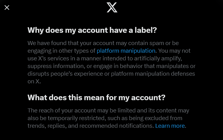TakeItPersonalX's tweet photo. Elon, not much has changed on your platform despite what people think.
Thanks for the incredible vagueness regarding what I am alleged to have done.
#TwitterLabel #Censorship @elonmusk #PlatformManipulation #Spam #ArtificiallyAmplify #limited #TemporarilyRestricted #XLabel https://t.co/YdKily2FGN