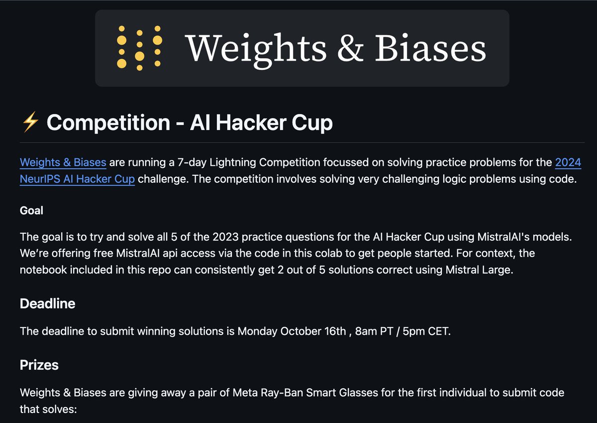 Morgan McGuire (@morgymcg) on Twitter photo ⚡️ AI Hacker Cup Lightning Comp
Today we're kicking off a ⚡️ 7-day competition to solve all 5 of the 2023 practice Hacker Cup challenges with <a href="/MistralAI/">Mistral AI</a> models
Our current baseline is 2/5 with the starter RAG agent (with reflection)
<a href="/MistralAI/">Mistral AI</a> api access provided
Details👇 ⚡️ AI Hacker Cup Lightning Comp
Today we're kicking off a ⚡️ 7-day competition to solve all 5 of the 2023 practice Hacker Cup challenges with <a href="/MistralAI/">Mistral AI</a> models
Our current baseline is 2/5 with the starter RAG agent (with reflection)
<a href="/MistralAI/">Mistral AI</a> api access provided
Details👇