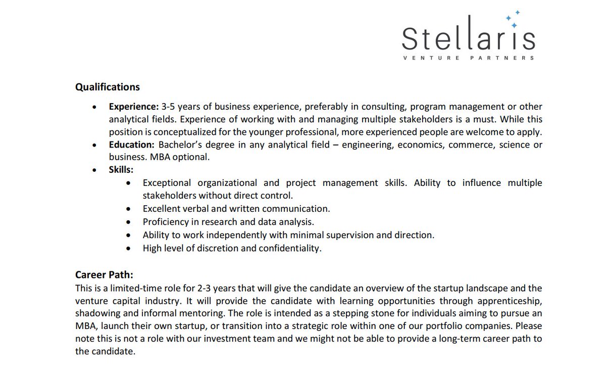 Hiring a Chief of Staff in Bangalore.

Responsibilities: program management, research, portfolio interventions and help with content and network development.

Minimum 3-5 years' business experience managing multiple stakeholders.

Email ajith at stellarisvp dot com. RT for karma!