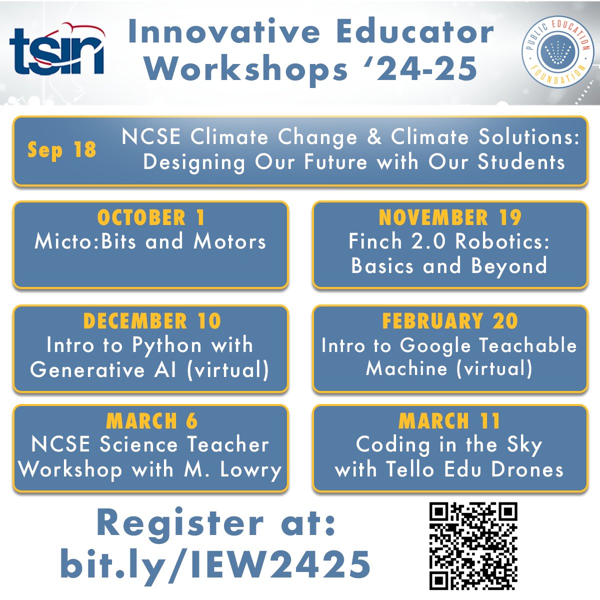 Attention Educators! Join the PEF Innovation Hub for FREE professional development through the TSIN Innovative Workshops offered this year in our region! Register at bit.ly/IEW2425