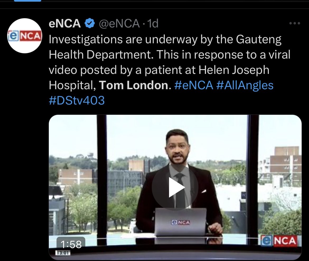 kimheller3's tweet photo. Helen Joseph Hospital 

A full investigation of the desperate stage of heath care in South Africa is needed. 

I am glad this expose has emerged. If Tom London was a black man I have little  doubt that no investigation would have happened. The shocking stories of ordinary black patients in SA hospitals is a horror tale and is not reported enough 

Helen Joseph would have been appalled