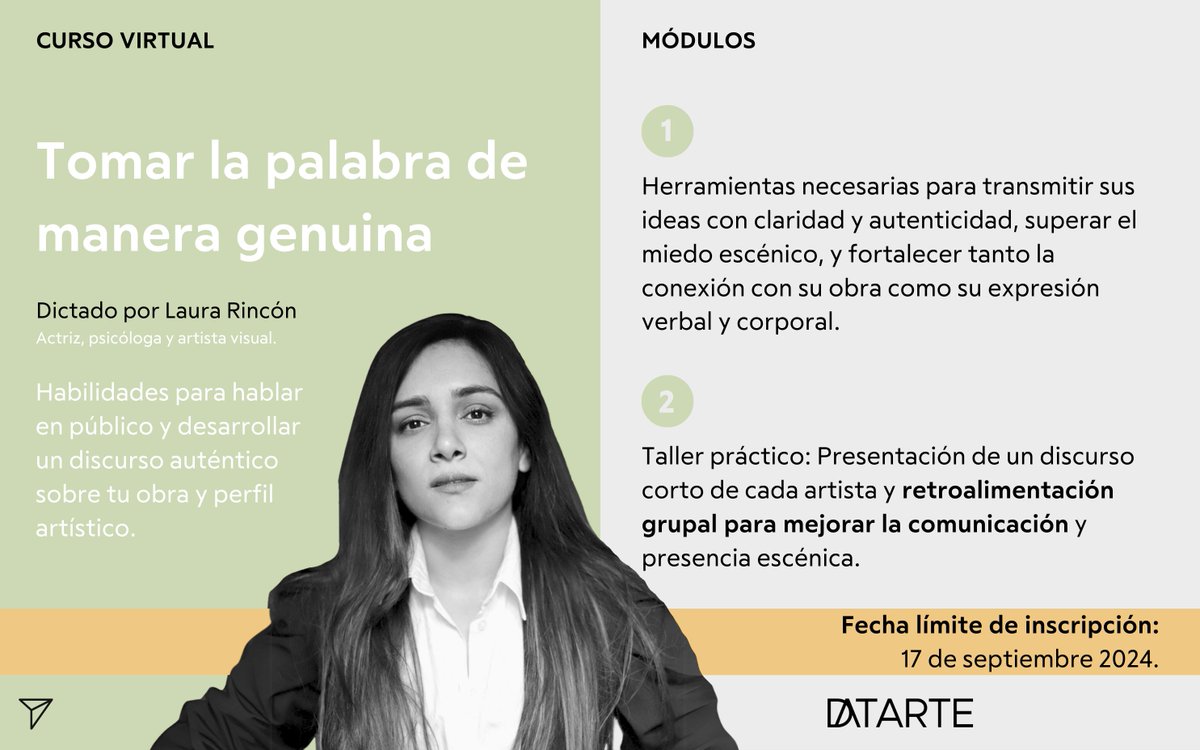Datarte_art's tweet photo. ¡Artista! 🧑‍🎨 ¿Sabes hablar sobre tu obra?
Aprende a hablar en público, superar el miedo al explicar tu obra y clarificar tu perfil de artista.

🖇️ Inscríbete aquí: https://t.co/dKbXrxScIp

#ArtistaVisual #HablarEnPúblico #CursoArte #ComunicaciónAsertiva https://t.co/TJHte0rA3L