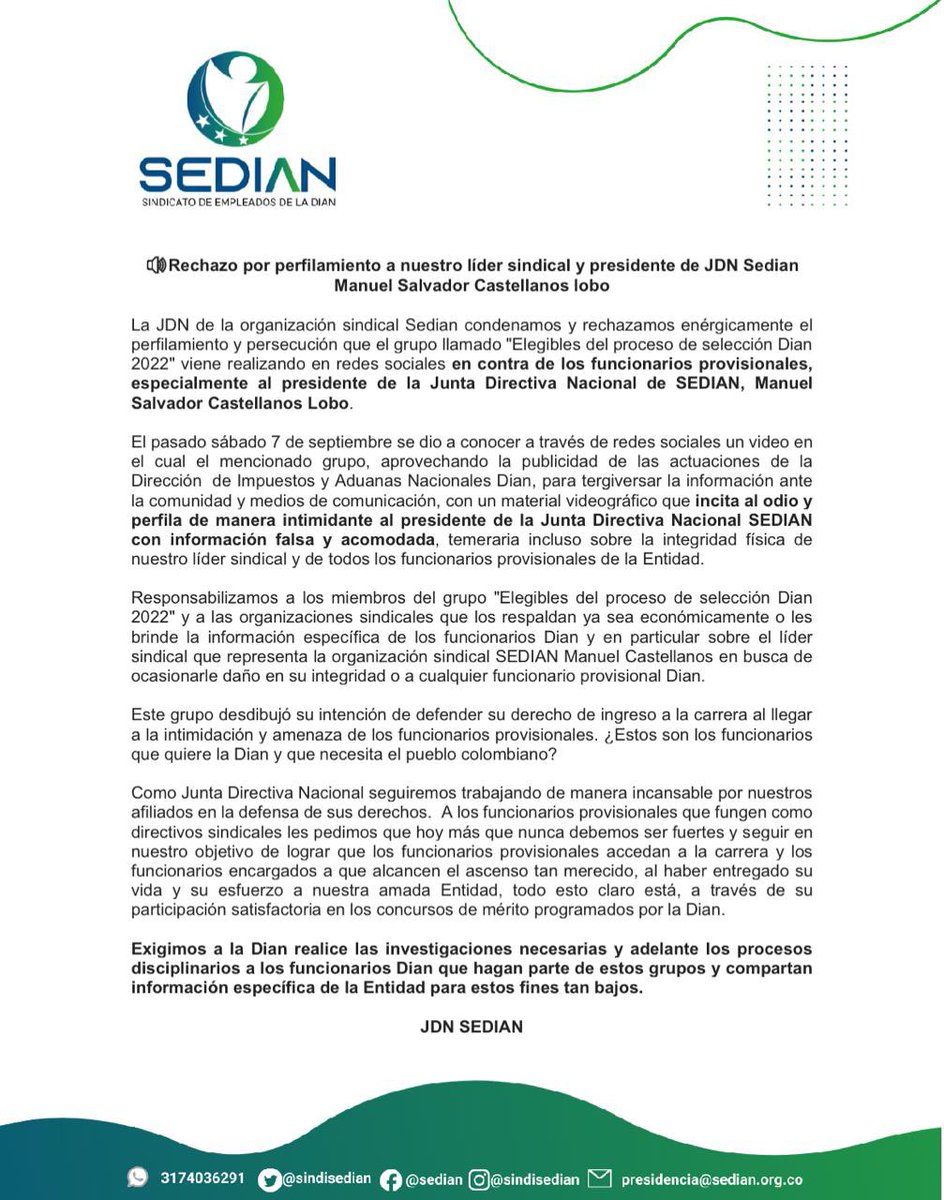 🔵🟢 compañeros SEDIAN remitimos comunicación oficial de JDN *rechazamos toda persecución sindical realizada al presidente nacional de nuestra organización sindical* y de cualquiera de nuestros afiliados.