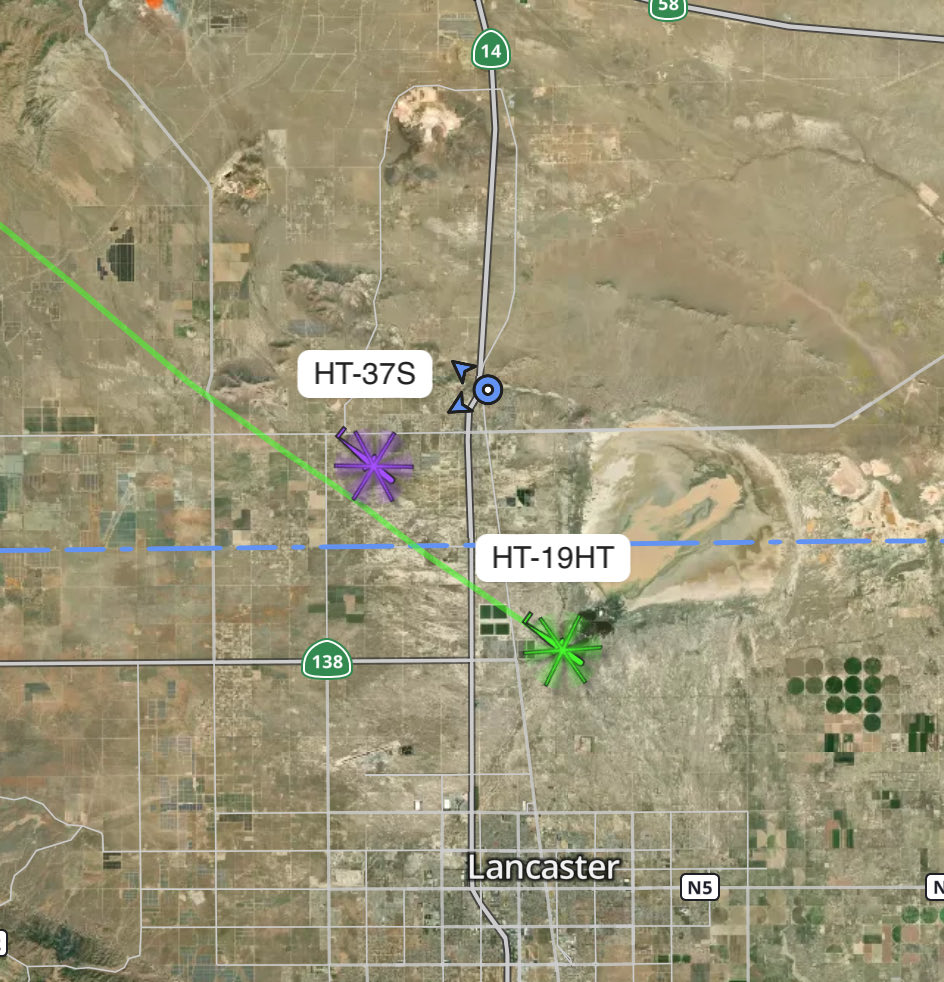 MarkWeidhase's tweet photo. Helitanker 19HT and 37S are two SkyCrane helicopters inbound over Lancaster. Unclear if they are going to work the #LineFire or #BridgeFire but they will have to refuel after a long flight from the #BooneFire https://t.co/buWNAdTCBh