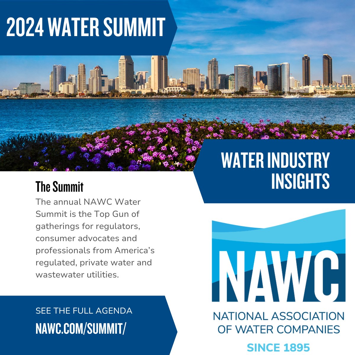 NAWCH2O's tweet photo. HAPPENING TODAY! The time has come for NAWC’s flagship event of the year, the Annual #WaterSummit! This year’s theme, Mission Critical, dives into the issues that influence the regulated, private water operations nationwide. Grab your wingman and jettison to San Diego for this two-day event that is a collection of impressive panels, prime networking opportunities and ultimately, a great chance to connect with old and new colleagues in the water service industry. https://t.co/y4nPxM9xaV