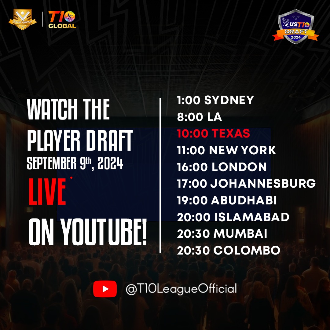 T10League's tweet photo. Watch Live On Youtube 
https://t.co/I545Cq9Yhl

#USMastersT10 #PlayerDraft #CricketsFastestFormat https://t.co/Wo4rjYE6sI