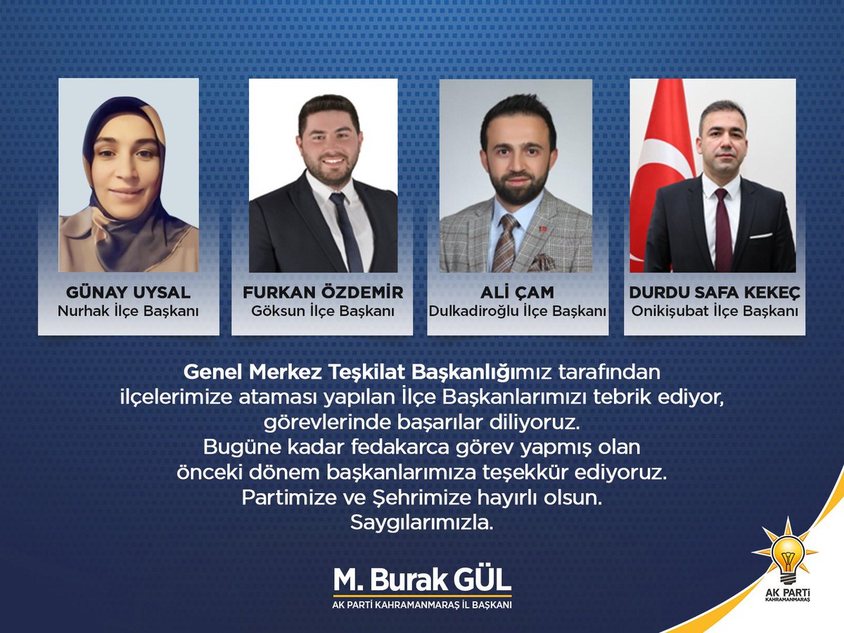 Genel Merkez Teşkilat Başkanlığımız tarafından ilçelerimize ataması yapılan İlçe Başkanlarımızı tebrik ediyor, görevlerinde başarılar diliyoruz.

Bugüne kadar fedakarca görev yapmış olan önceki dönem başkanlarımıza teşekkür ediyoruz. 

Partimize ve Şehrimize hayırlı olsun.