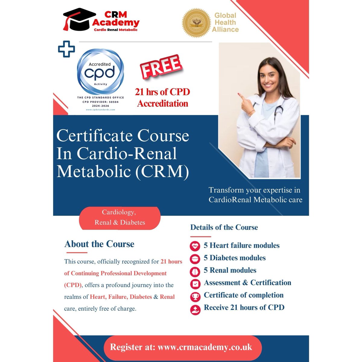 GhaHealth's tweet photo. UK's First CRM Certificate course with 21 CPD Points. 

Transform your expertise in CardioRenal Metabolic care

 Register at:- https://t.co/TES8tfaSfk 

#CRM #CardioX #MedX #cardiology #kidney #HealthyHeart #Ghahealth #cardiotips #heart #educational #course #doctors #CRMAcademy https://t.co/pqXvx6AuXv