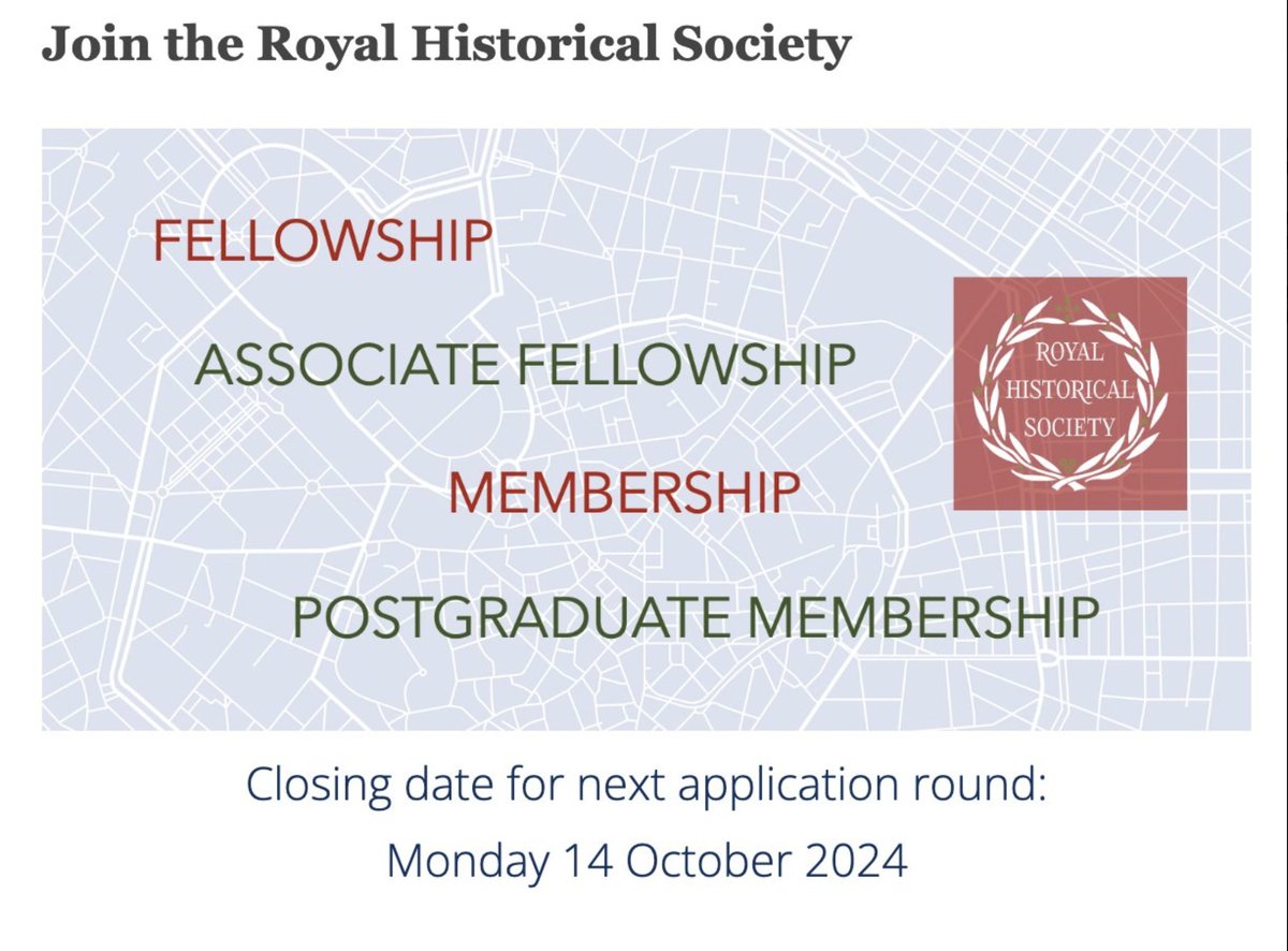 If you'd like to join <a href="/RoyalHistSoc/">Royal Historical Society</a>, we welcome applications as Fellows, Associate Fellows, Members or PGR Members at any time.  

Our next closing date is Monday 14 October 2024. More on the benefits of joining the Society here: bit.ly/45lOzr0  #twitterstorians