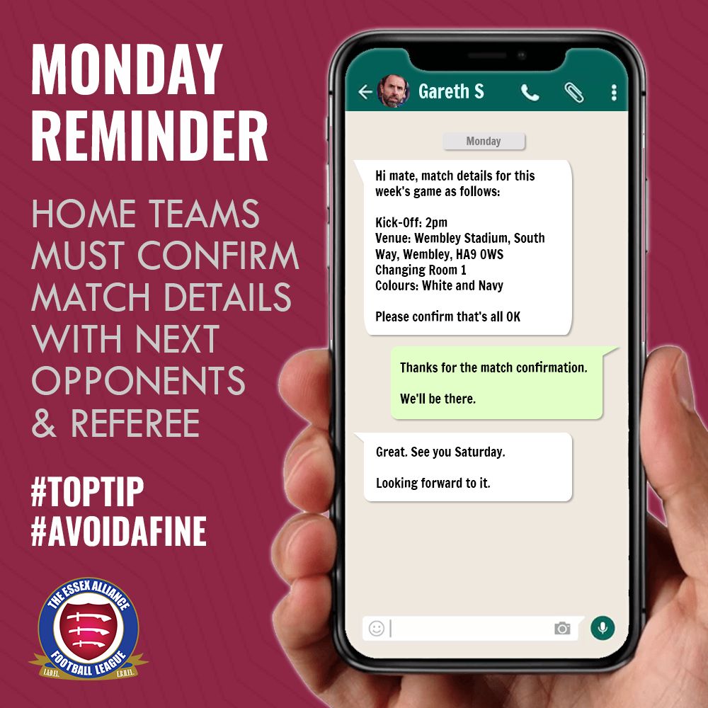 EssexAllianceFL's tweet photo. REMINDER to home clubs that you should be starting to confirm match details with opponents & referees for this weekend's games
1๏ธโฃ Venue/Address
2๏ธโฃ Kick Off Time
3๏ธโฃ Colours
4๏ธโฃ Footwear (if 3G)
Away clubs must now acknowledge receipt of details within 2 days
#TopTip #AvoidAFine https://t.co/n0nIkqHmIS