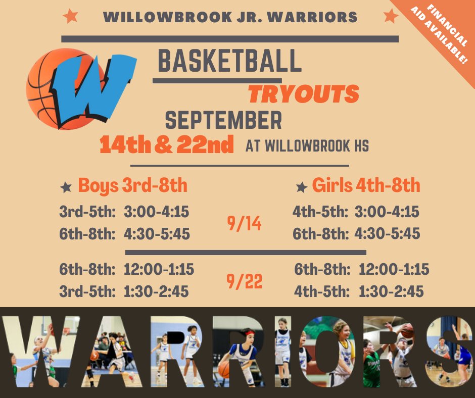 🏀 Will we see you Saturday? 🏀 Season registration scholarships are available, please visit our website for details and an application: wbjrwarriors.org

<a href="/WB_ATHLETICS/">Willowbrook Athletics</a> <a href="/WBbball/">Willowbrook Boys Hoops</a> <a href="/WHS_GirlsHoops1/">Willowbrook HS Girls Basketball</a>