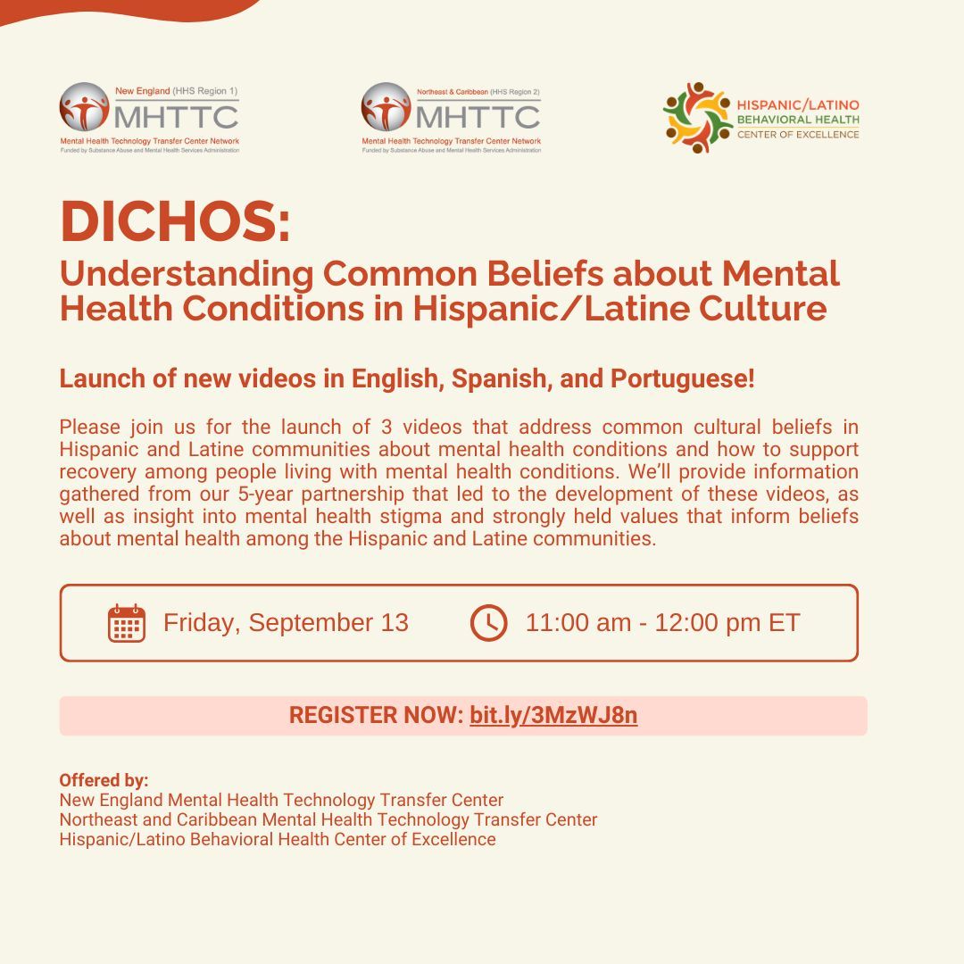 Upcoming webinar!

DICHOS: Understanding Common Beliefs about Mental Health Conditions in Hispanic/Latine Culture
🗓️ Friday, September 13
⏰ 11:00 am - 12:00 pm ET

Register now: buff.ly/3zeEsKF