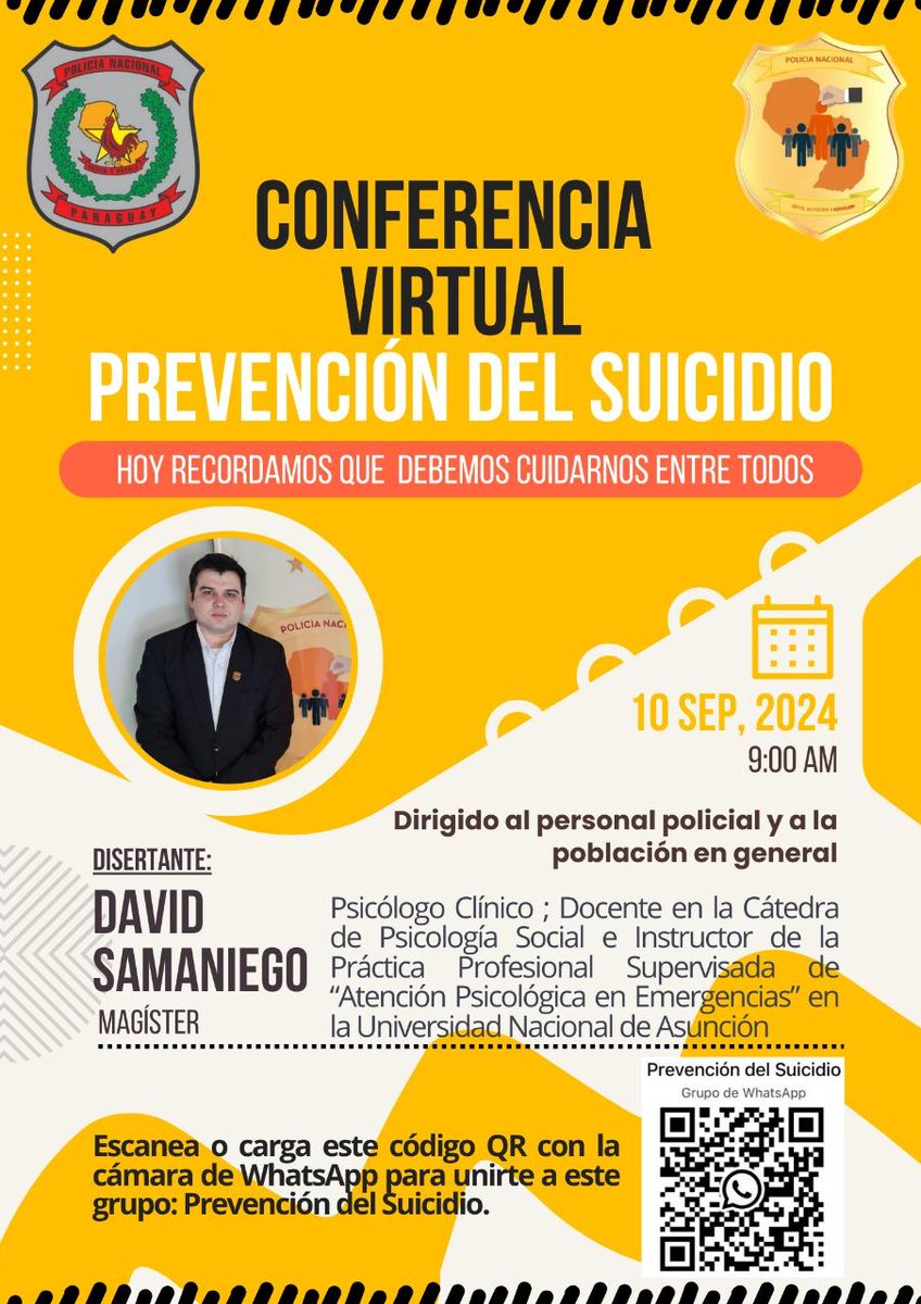 policia_py's tweet photo. En el marco del Día Mundial de la Prevención del Suicidio, invitamos a todo el personal policial y a la ciudadanía en general a participar de esta Conferencia Virtual, para informar, sensibilizar y capacitar sobre las señales de alerta, cómo intervenir y dónde buscar ayuda. https://t.co/eQBTN3BwlC