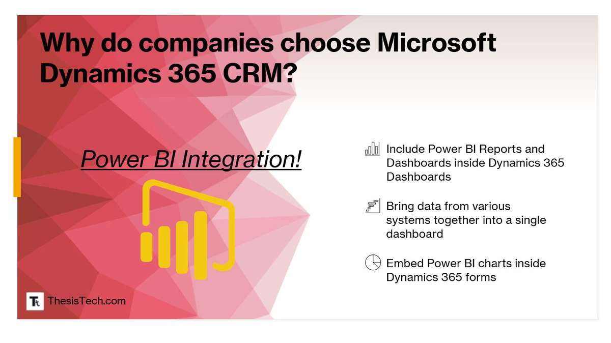 Why Companies Choose Dynamics 365 CRM
--Power BI Integration
Microsoft Power BI is one of world’s most widely used dashboarding and business intelligence tools.

#Microsoft #PowerBI #Dashboard #Dynamics365 #CRM

Full post:
thesistech.com/why-companies-…