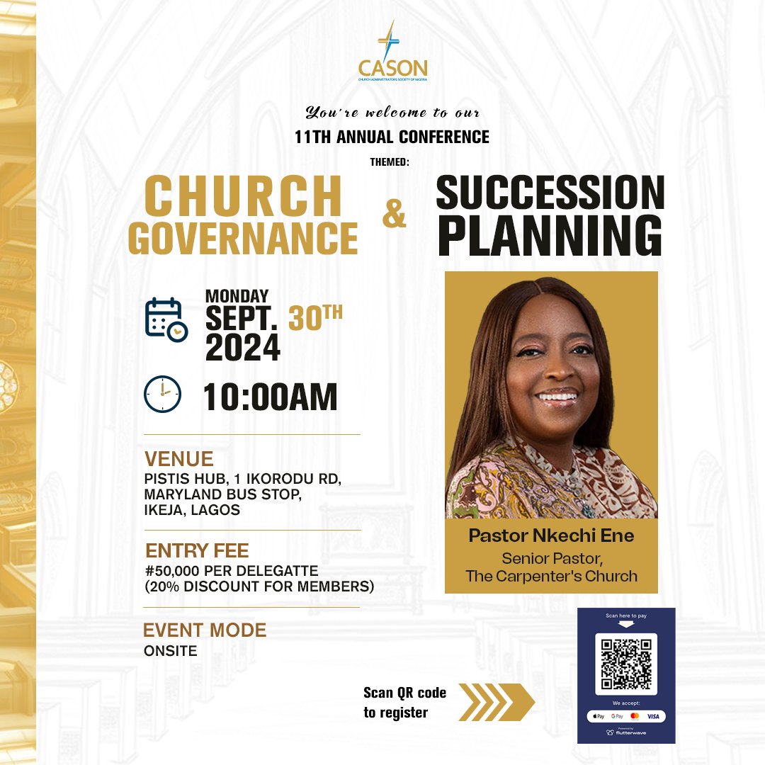 Join Pastor Nkechi Ene and other speakers as they explore and exploit the theme of the conference.
#church #administration #pastor #management #conference #cason #CASON2024 #professional