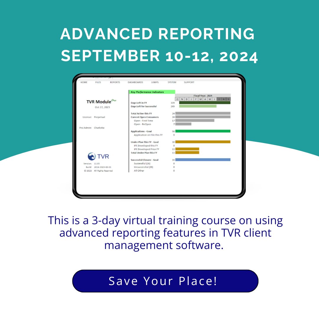 TvrSoftware's tweet image. Enhance your reporting skills with our Advanced Reporting virtual training! From September 10-12, 2024, dive deep into advanced features and master detailed reporting techniques. tvrsoftware.com/product/advanc…

#TVRSoftware #AdvancedReporting #VirtualTraining #SoftwareTraining #AIVRS
