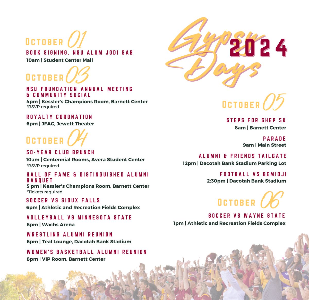 AlumniNSU's tweet photo. Let's Celebrate Northern!
Check out some of the great events and activities happening during homecoming week! #northernstateu #GoWolves #GypsyDays https://t.co/hTj44XT416