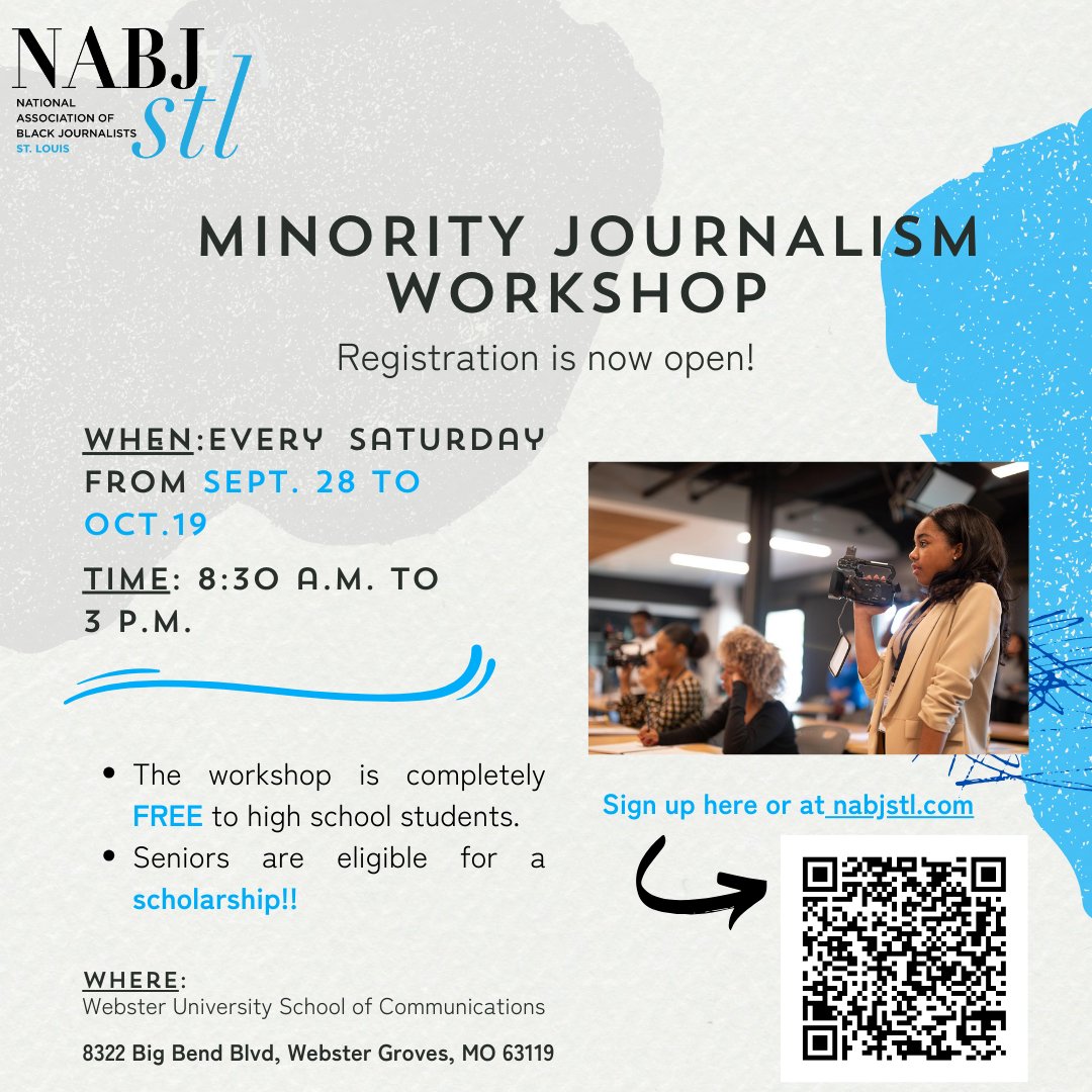 REMINDER: Registration for our FREE Minority Journalist Workshop is OPEN! 

Open to high school students and college freshmen.

Spots are LIMITED and will go fast. You can sign up on our website here: nabjstl.org/minority-stude…