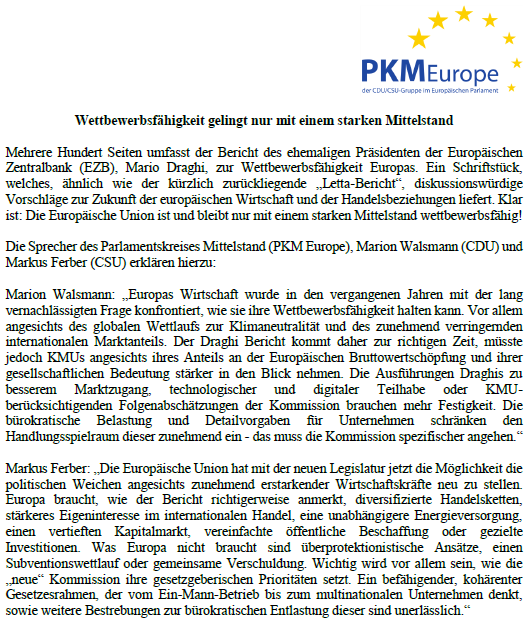 Die EU hat mit dieser Legislatur die Möglichkeit die politischen Weichen neu zu stellen. Der Draghi-Bericht kommt zur richtigen Zeit. Es braucht jetzt eine spezifische Umsetzung, auch im Sinne unserer KMU! Denn Wettbewerbsfähigkeit gelingt nur mit einem starken Mittelstand.