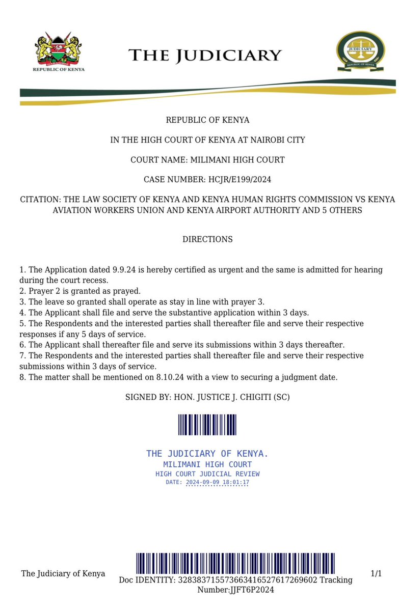 Faith Odhiambo (@faithodhiambo8) on Twitter photo High Court grants LSK and KHRC's request for leave to file a judicial review to challenge the KAA's decision to lease JKIA to Adani for 30 years. 
The court has meanwhile issued a stay prohibiting any person from implementing or acting on the privately initiated Adani proposal High Court grants LSK and KHRC's request for leave to file a judicial review to challenge the KAA's decision to lease JKIA to Adani for 30 years. 
The court has meanwhile issued a stay prohibiting any person from implementing or acting on the privately initiated Adani proposal