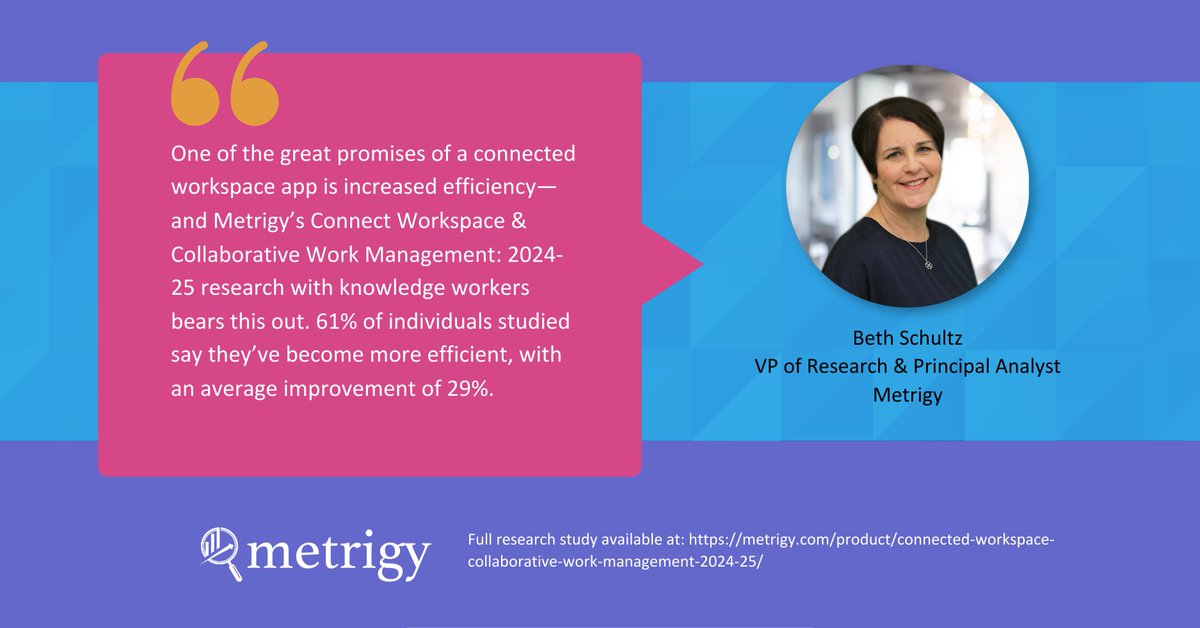 Metrigy's tweet image. 🚨 Brand new research led by Beth Schultz available now! See what Beth has to say about our Connected Workspace &amp;amp; Collaborative Work Management 2024-25 research study below:

#Collaboration #ConnectedWorkspace

metrigy.com/product/connec…