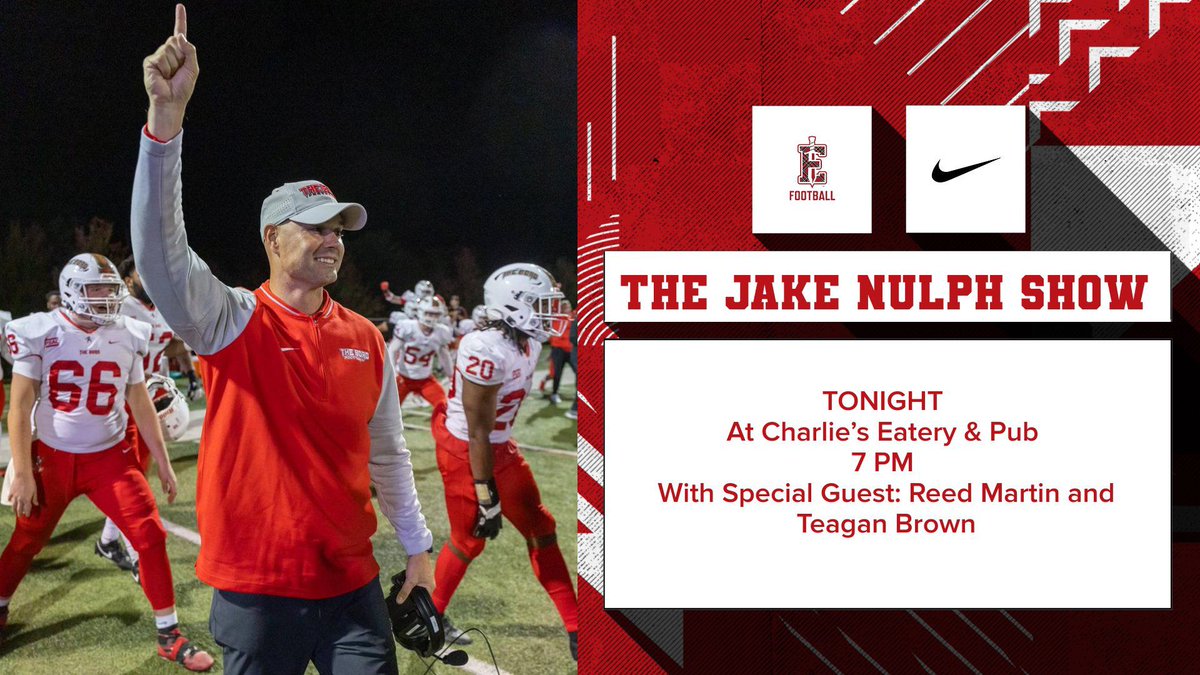 After a huge win against FCS Robert Morris University, please join us tonight for <a href="/CoachNulph/">Jake Nulph</a> Show 7pm Charlie’s Pub &amp; Eatery. The special guest will be WR <a href="/Teagan11Brown/">Teagan Brown</a>  and Punter <a href="/2qmartinq3/">Reed Martin</a>. #THEBORO #ProtectThePlaid 🏈⚔️