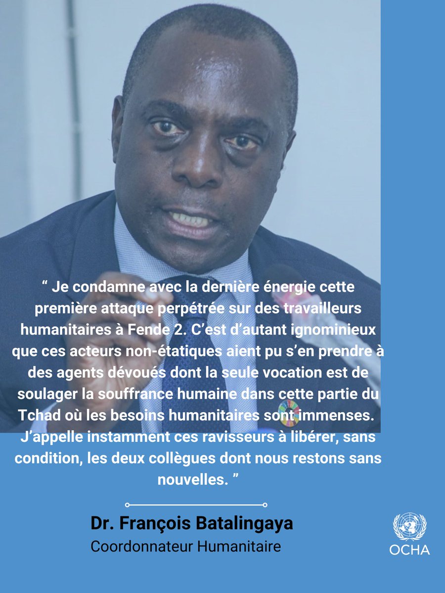 Le Coordonnateur humanitaire au #Tchad condamne, avec la plus grande fermeté, l’enlèvement des travailleurs humanitaires le 7 septembre 2024 à Fende 2 
 dans la province du Lac. Lire sa déclaration ici👉bit.ly/47jZ8gS #NotATarget #PasUneCible