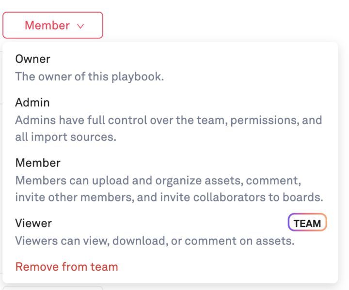 ICYMI: You can now set Viewer roles in Team plan! (previously just Owner, Admin, and Member). 

Viewers can view, download, or comment on assets. Perfect for sharing client deliverables with a large team that doesn't need editing rights but still wants to regularly access a