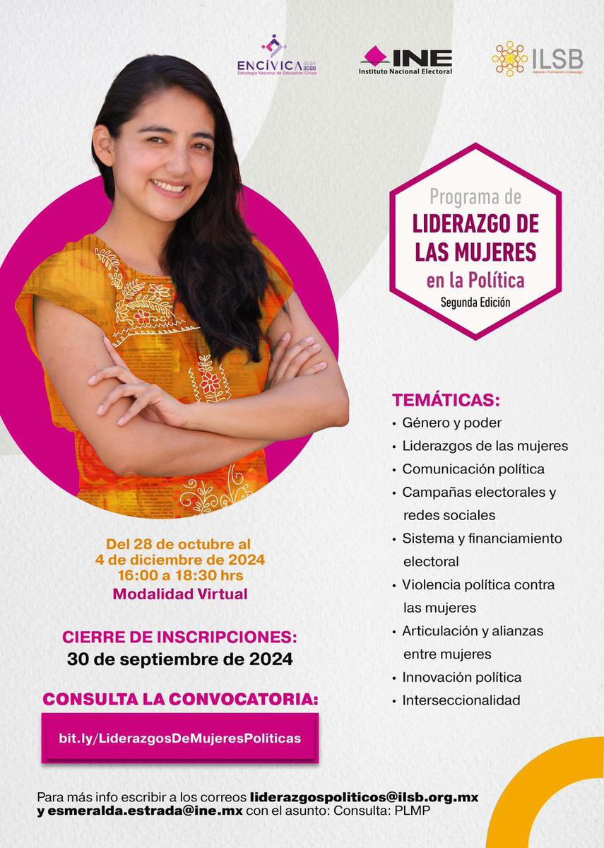 Montano_Ventura's tweet photo. #Entérate
Existe un Programa de Liderazgo de las Mujeres en la Política del @INEMexico y el #ILSB y tú puedes ser parte ¡Conoce las temáticas y fortalece tus competencias!
Regístrate antes del 30 de septiembre 👉 https://t.co/TmPjFKePgT
#VivamosLaDemocracia https://t.co/Evl8mITyIB