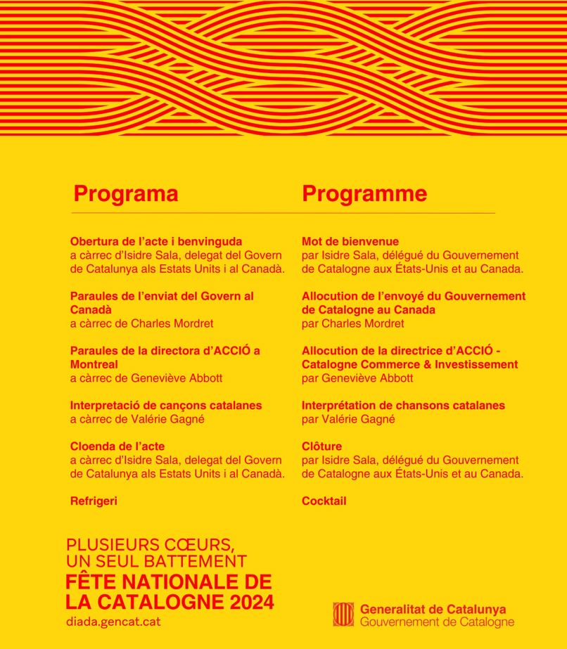 Ce soir, rejoignez-nous pour commémorer la Fête nationale de la Catalogne.

➡️Ce sera l'occasion de présenter le nouveau envoyé du <a href="/catalangov/">Catalan Government</a> au Canada, <a href="/charlesmordret/">Charles Mordret</a>. 

🎻La chanteuse québécoise Valérie Gagné se produira également.

🕠17h30
📍MEM - 1210 boul. Saint-Laurent