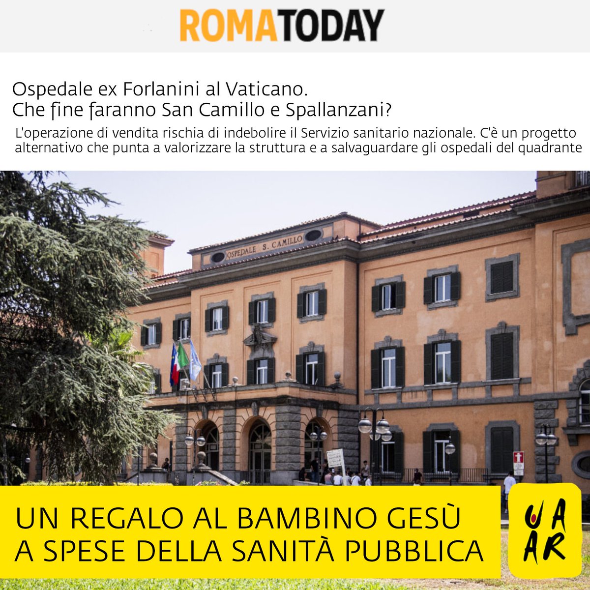 UAAR_it's tweet image. Ex ospedale #Forlanini al #Vaticano per trasferire l'ospedale pediatrico Bambino Gesù. Protesta il Comitato Tutela del Forlanini: nella zona si rischia l'indebolimento del Servizio sanitario nazionale e si consolida l'influenza sanitaria vaticana.👇
romatoday.it/dossier/sanita…