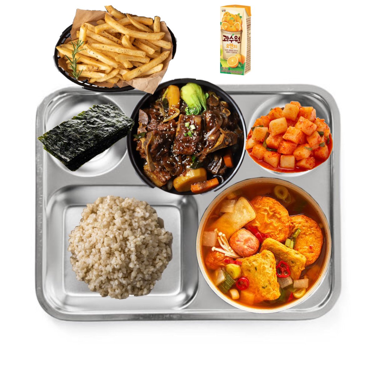 taehyung_sikpan's tweet image. 240910(화) 석식

현미밥
매콤모듬어묵국
감자튀김
돼지등뼈찜
맛김
깍두기
과수원오렌지

열량 : 1274.12  Kcal