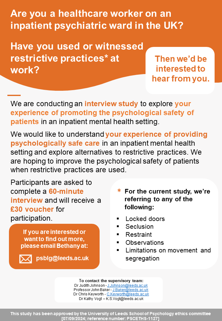 Beth Griffin ๐ธ (@bethlgriffin) on Twitter photo Are you a healthcare professional, with experience of working on adult #inpatient #psychiatricwards in the UK? Weโre interested in hearing about your experience of providing psychologically safe care. See details below! @LeedsMedHealth @UoL_MHN <a href="/yqsrdotorg/">YQSR Group</a> <a href="/YHPSRC/">NIHR Yorkshire and Humber PSRC</a> Are you a healthcare professional, with experience of working on adult #inpatient #psychiatricwards in the UK? Weโre interested in hearing about your experience of providing psychologically safe care. See details below! @LeedsMedHealth @UoL_MHN <a href="/yqsrdotorg/">YQSR Group</a> <a href="/YHPSRC/">NIHR Yorkshire and Humber PSRC</a>
