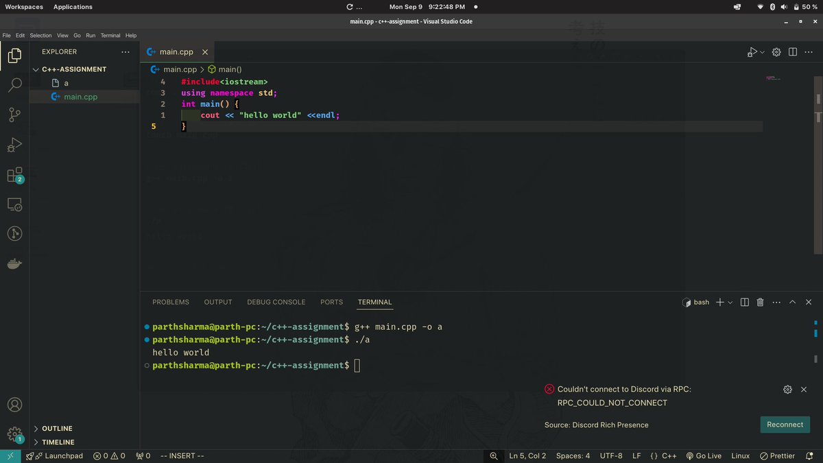 Parthsh42727231's tweet image. day 1 : today i learnt how to setup c++ in vscode and write and print hello world using terminal.
#namespace #25daysofcode