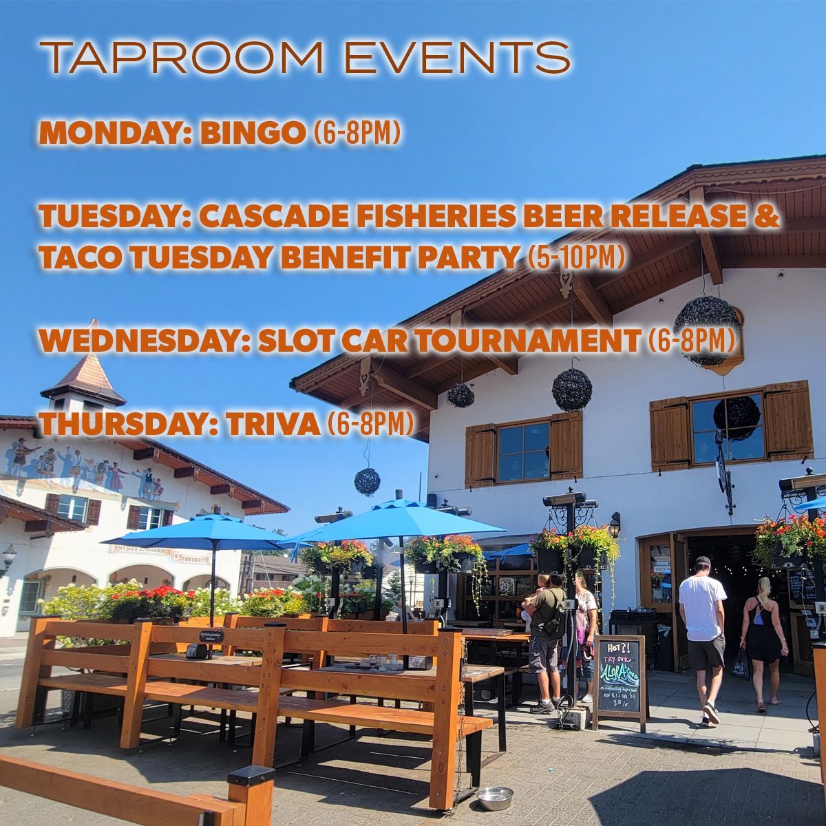 We've got a great week of taproom events ahead, starting with Bingo tonight, followed by an awesome awesome benefit night for Cascade Fisheries on Tuesday, featuring tasty tacos from La Javelina, a slot car tournament on Wednesday night, and Trivia returns on Thursday!