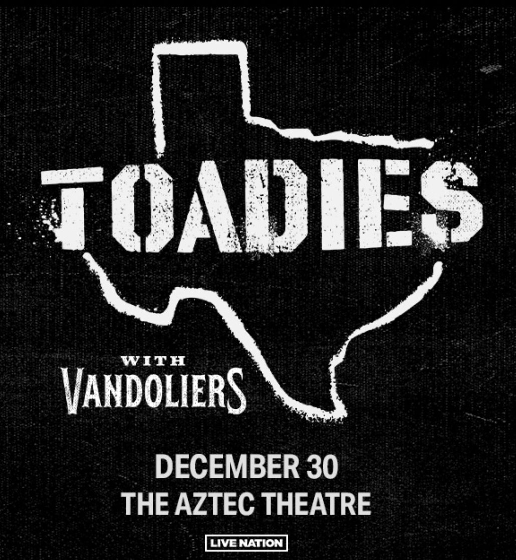 Toadies (Official) (@thetoadies) on Twitter photo BOOM! We're heading to <a href="/TheAztecTheatre/">The Aztec Theatre</a> with <a href="/vandoliers/">Vandoliers</a> on Dec 30th
🎟️ Presale: Tuesday, September 10 at 10am | code: SETLIST
On Sale: Friday, September 13 at 10am livemu.sc/3XyGvmk BOOM! We're heading to <a href="/TheAztecTheatre/">The Aztec Theatre</a> with <a href="/vandoliers/">Vandoliers</a> on Dec 30th
🎟️ Presale: Tuesday, September 10 at 10am | code: SETLIST
On Sale: Friday, September 13 at 10am livemu.sc/3XyGvmk