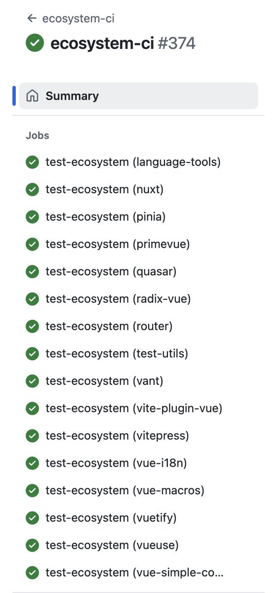 evanyou's tweet photo. Feels so good to have Vue ecosystem CI all green again after 3.5 😍 https://t.co/lwEz9bFNHq