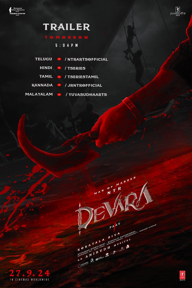 NTR Arts (@ntrartsofficial) on Twitter photo The time for peace is over 😎
Prepare at these coastal regions for the MASS thunder 🤙🏻
SEA OF BLOOD will flow with #Devara’s wrath tomorrow from 5:04 PM 🔥
#DevaraTrailer
#DevaraonSep27th 
Man of Masses <a href="/tarak9999/">Jr NTR</a> #KoratalaSiva #SaifAliKhan #JanhviKapoor <a href="/anirudhofficial/">Anirudh Ravichander</a> The time for peace is over 😎
Prepare at these coastal regions for the MASS thunder 🤙🏻
SEA OF BLOOD will flow with #Devara’s wrath tomorrow from 5:04 PM 🔥
#DevaraTrailer
#DevaraonSep27th 
Man of Masses <a href="/tarak9999/">Jr NTR</a> #KoratalaSiva #SaifAliKhan #JanhviKapoor <a href="/anirudhofficial/">Anirudh Ravichander</a>