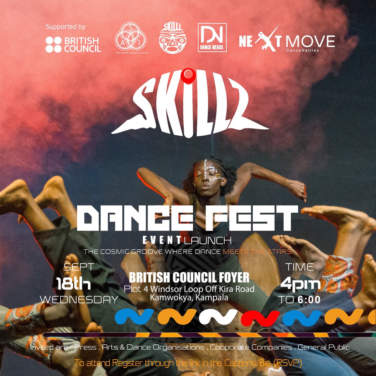 skillzEA's tweet photo. SKillz Dance Festival with a launch ceremony! @skillzdancefest , we are excited to see you all on Date: 18th September
Time: 4pm - 6pm
Venue: British Council Foyer, Plot 4 Windsor Loop Off Kira Road, Kamwokya, Kampala
 #skillzdancefest #skillzeastafrica #eastafricaartsh https://t.co/oEY1gq7gW5