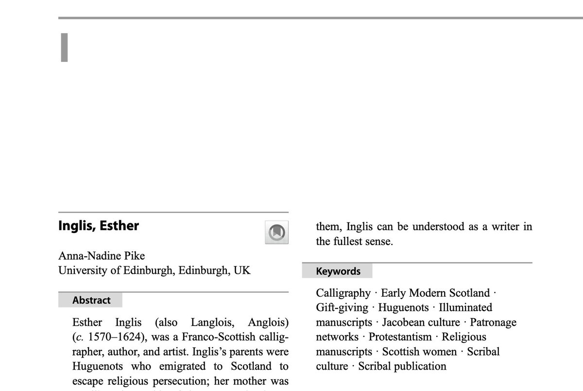 I is for Inglis! 

A new entry on Esther Inglis has just been added to the <a href="/Palgrave/">Palgrave Macmillan</a> Encyclopedia of Early Modern Women's Writing, written by our Project Curator.

Read it here: link-springer-com.eux.idm.oclc.org/referenceworke…
