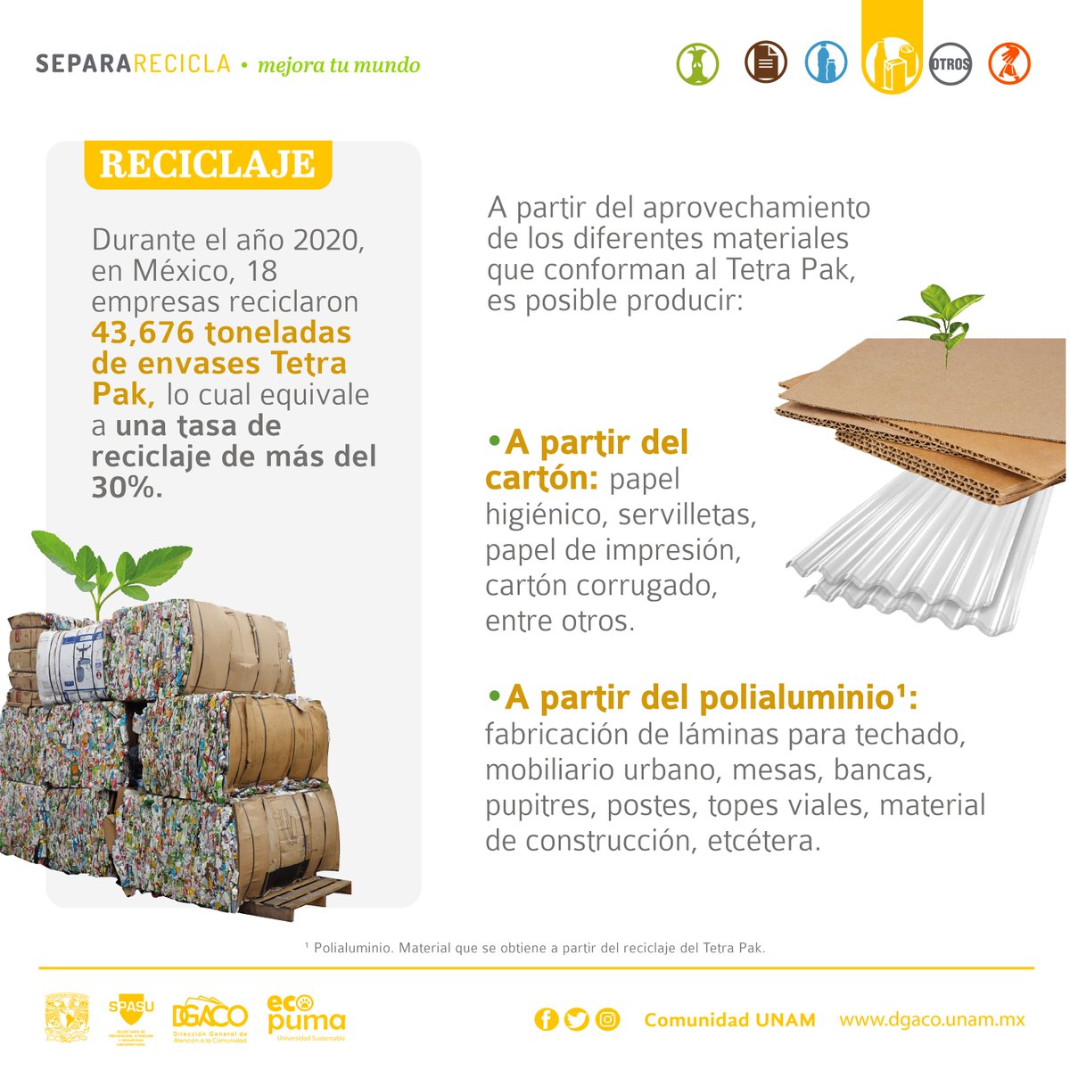 Comunidad_UNAM's tweet photo. #Separar y #Reciclar♻️  envases de #TetraPak #MejoraTuMundo.
Al reciclar una tonelada, ¡es posible ahorrar hasta 100,000 litros de agua! ¡Checa el dato!
Pequeñas acciones, grandes beneficios. 🌎
#UNAMComunidadSustentable https://t.co/XqncwdChsG