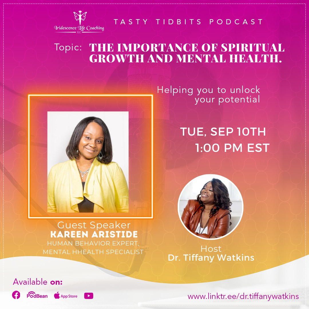 ApostleTWatkins's tweet photo. Join Dr. Watkins and Human Behavior Expert Kareen Aristide as they discuss the importance of taking care of your mental health in order to advance your spiritual development. https://t.co/UVPJbqsQU1