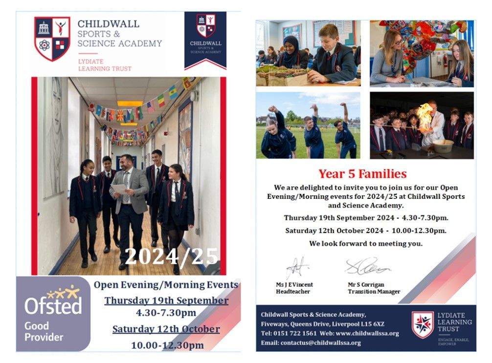 We are excited to announce that Childwall Sports and Science Academy is hosting Open Evening/Morning events on Thursday 19th September and Saturday 12th October 2024. We can't wait to welcome you to these events and look forward to seeing you there.