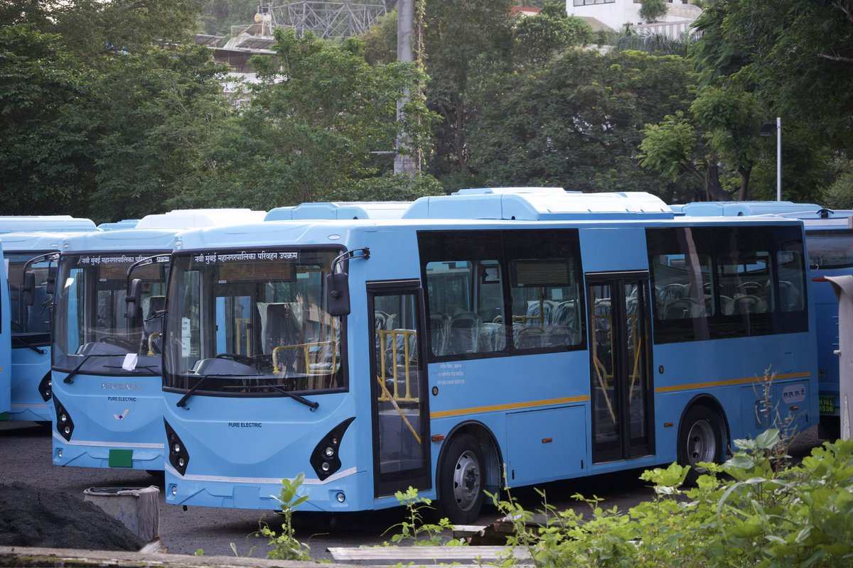 NMMT’s new lot of  electric buses manufacturered by AeroEagle with body built by Bharat Coach Builders. These buses are waiting for RTO registration to be completed and are currently stabled at Artist Colony Bus Station in CBD Belapur