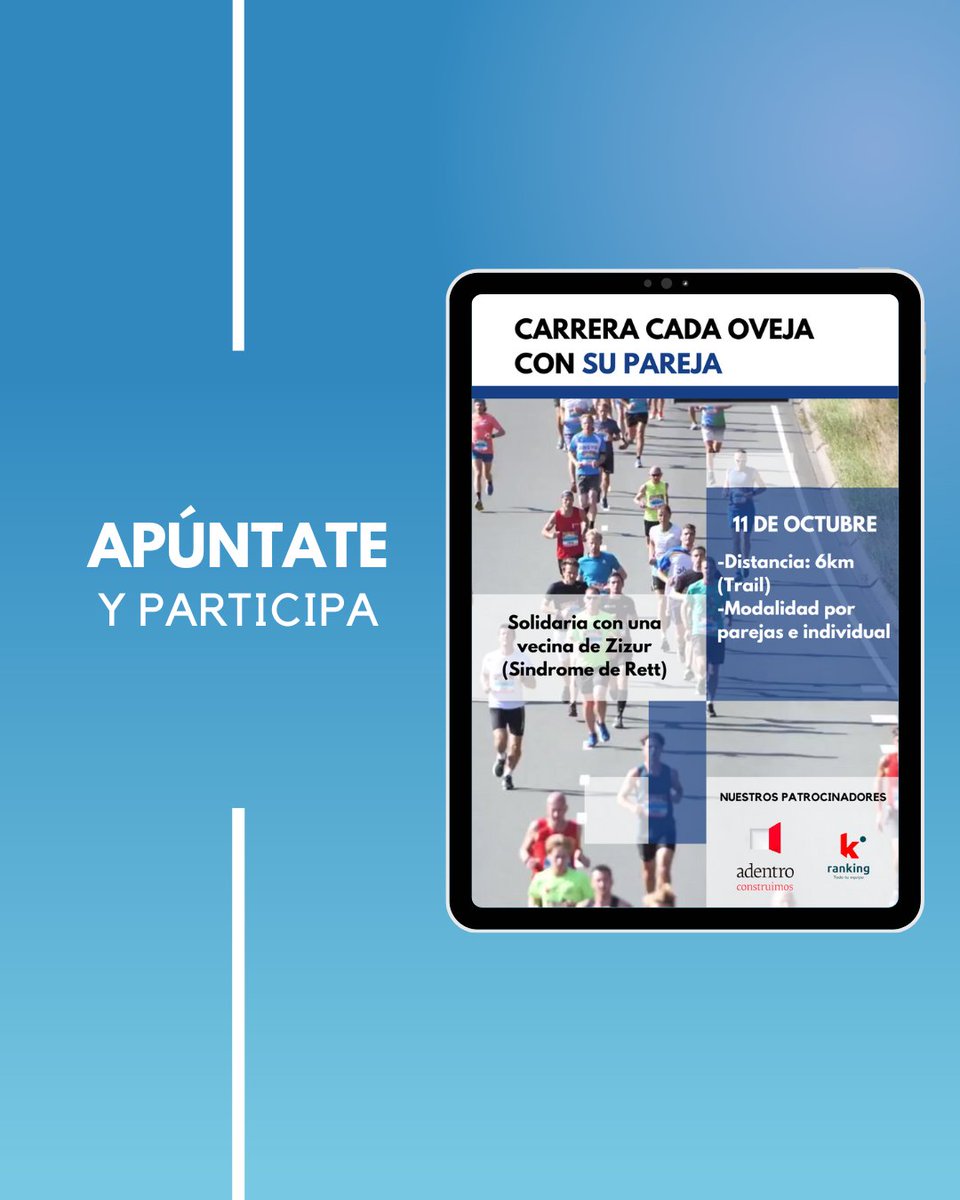 📢 ¡Llega la III Carrera por Parejas "Cada oveja con su pareja"! 

11 de octubre a las 18:00 en Ardoi.

🎽 10€/persona, camiseta incluida. 

Inscripciones crossparejas.ardoi.es o el día del evento.

✨ Carrera solidaria por el Síndrome de Rett. 

#atletismoardoi#zizurmayor