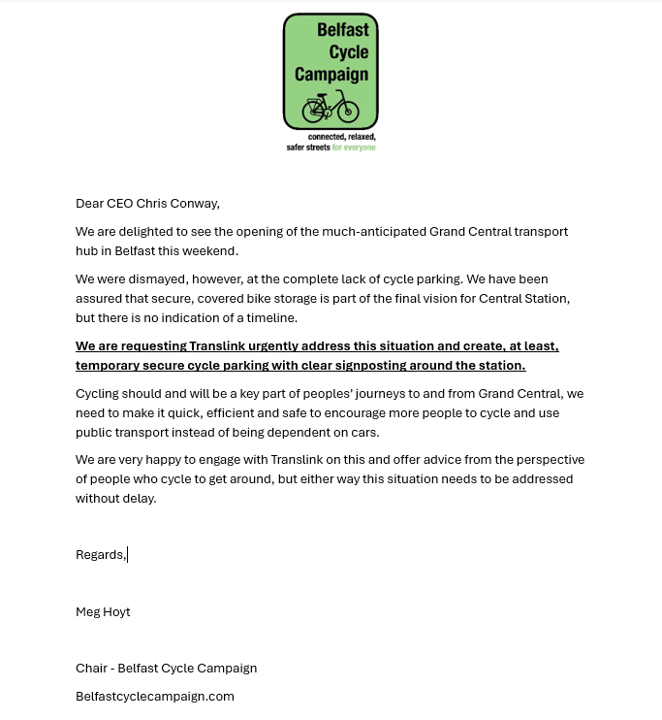 Our letter to <a href="/Translink_NI/">Translink</a> regarding the urgency of installing cycle parking at the new Grand Central station