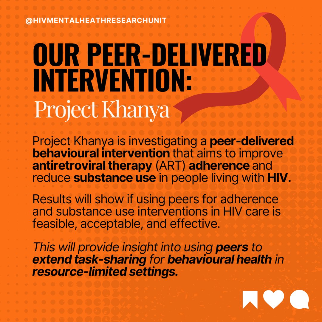 Peer-Delivered Interventions: Bridging the Behavioural Healthcare Gap! 🌟  
Peer interventionists can improve physical and mental health outcomes by promoting behaviour change. Check out how Project Khanya is making a difference in HIV care! 💪 #HIVMHRU #HIVCare #MentalHealthcare